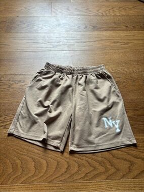 ROMWE Men's Beige Athletic Shorts with White NY Patch